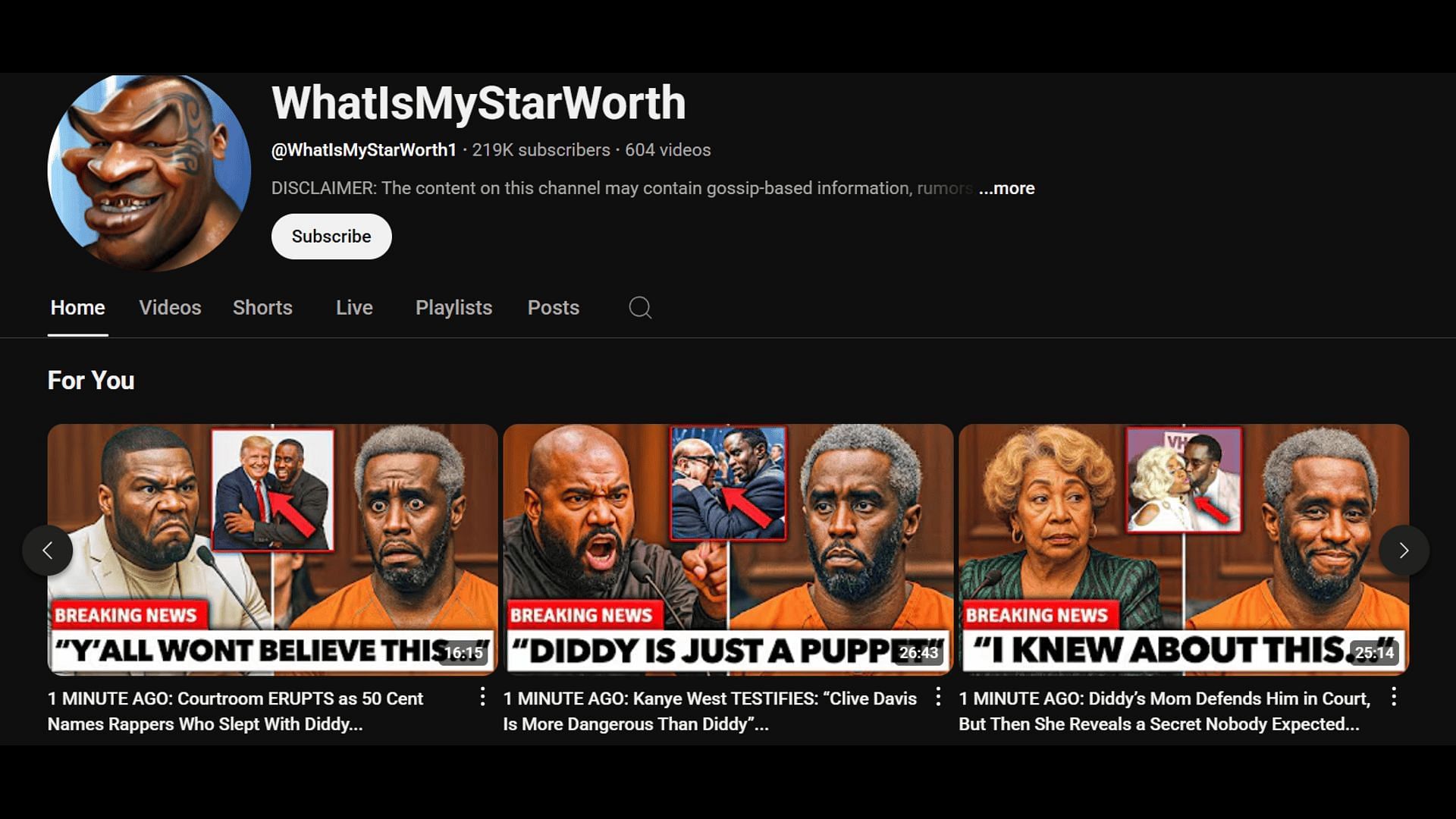 A glimpse of the WhatIsMyStarWorth page on YouTube that posts fake videos about the Combs' trial. (Image via YouTube)